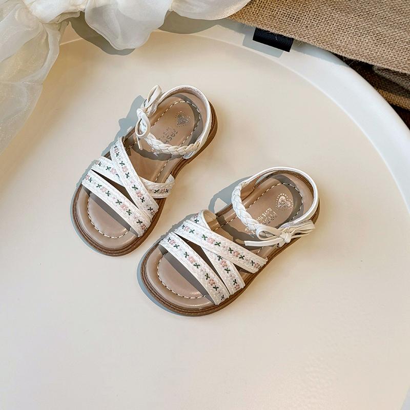 

Сандалии для девочек Плетение Сладкие Банты Вышивка Детская Пляжная Обувь Нескользящая Мягкая Подошва 2025 Новые Туфли Принцессы для Девочек на Лето Ins Тренд 22 бежевый