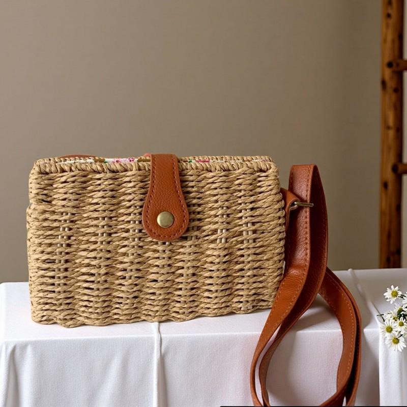 Straw Bag Korean Style Beach Vacation Portable Single-shoulder Cross-slung Woven Fashionable Leather Button Handheld хаки