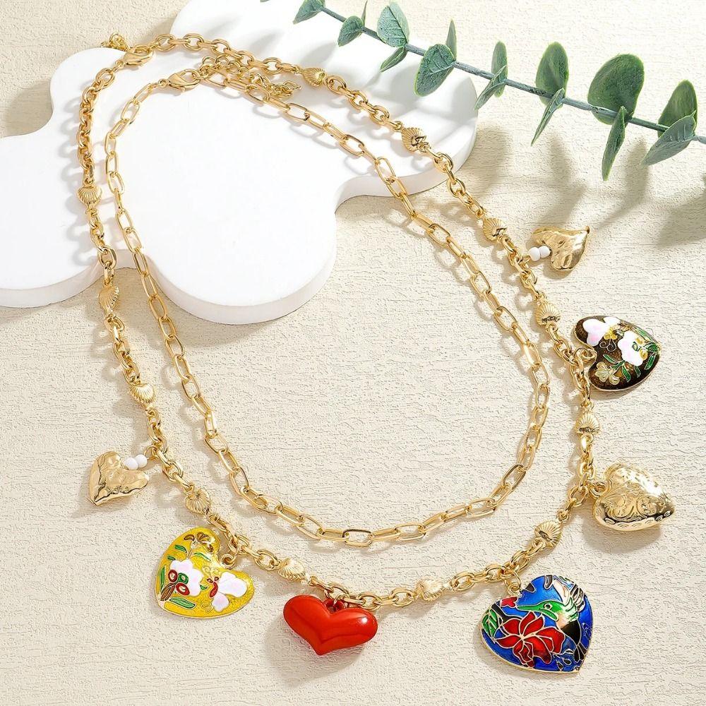 Dripping Oil Double Layer Necklace Flower Clavicle Chain Big Heart Pendant Necklace  Women