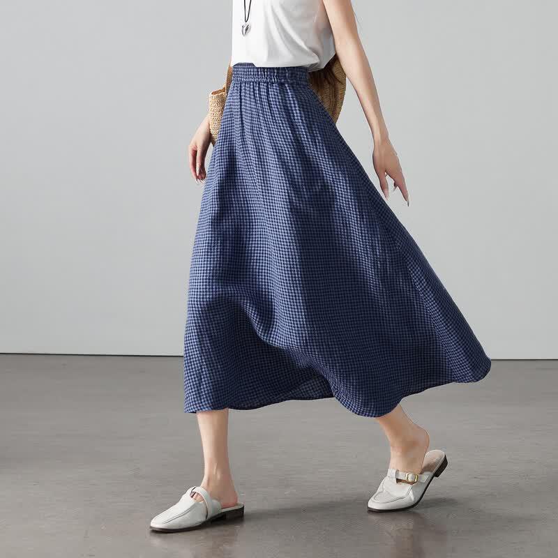 SOFSIL Women s Plaid Linen A-Line Midi Skirt XL