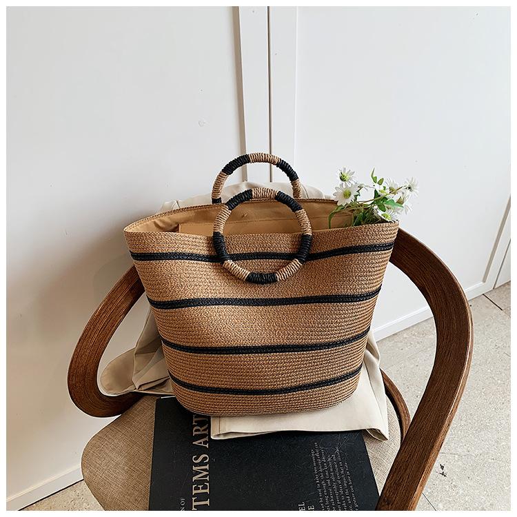 

Handmade straw bag plaid woven casual handbag large capacity seaside beach woven tote bag хакі