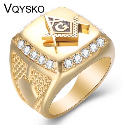 Nový příchod Bling CZ Crystal Men Rings s Freemason Masonic Free Mason Signet 316L z nerezové oceli zlaté barvy pro muže