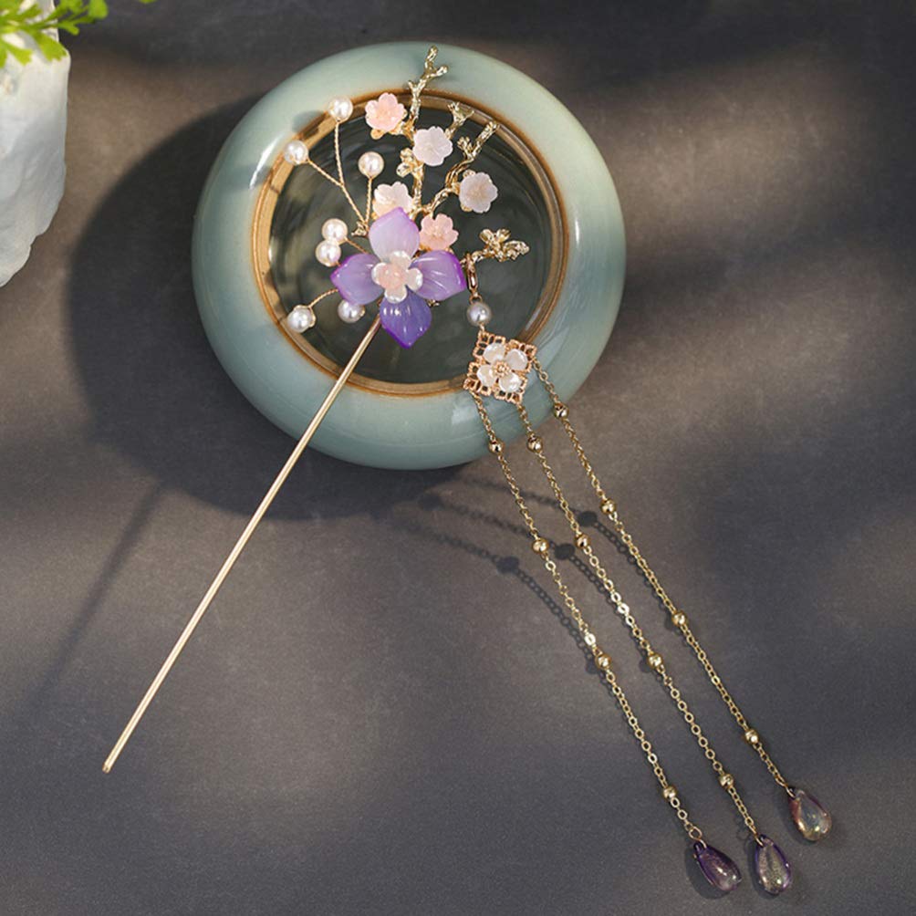 FRCOLOR Retro Heck Hairpin with 1 Japanese Hair Ornament with Artificial Jade Pearl Vintage Style for Long Hair Gift Compatible Tassel, Piece, Inlay,
