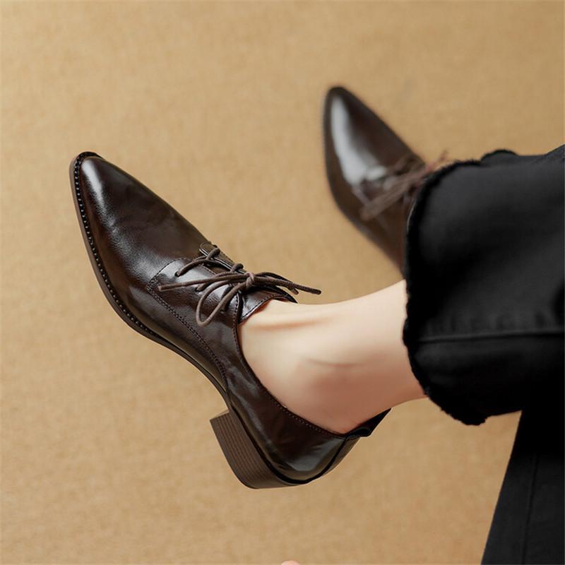 Fashion New Spring Split Leather Women Shoes Pointed Toe Women Pumps Chunky Heels Lace Loafers Shoes for Women French Retro Casual Shoes