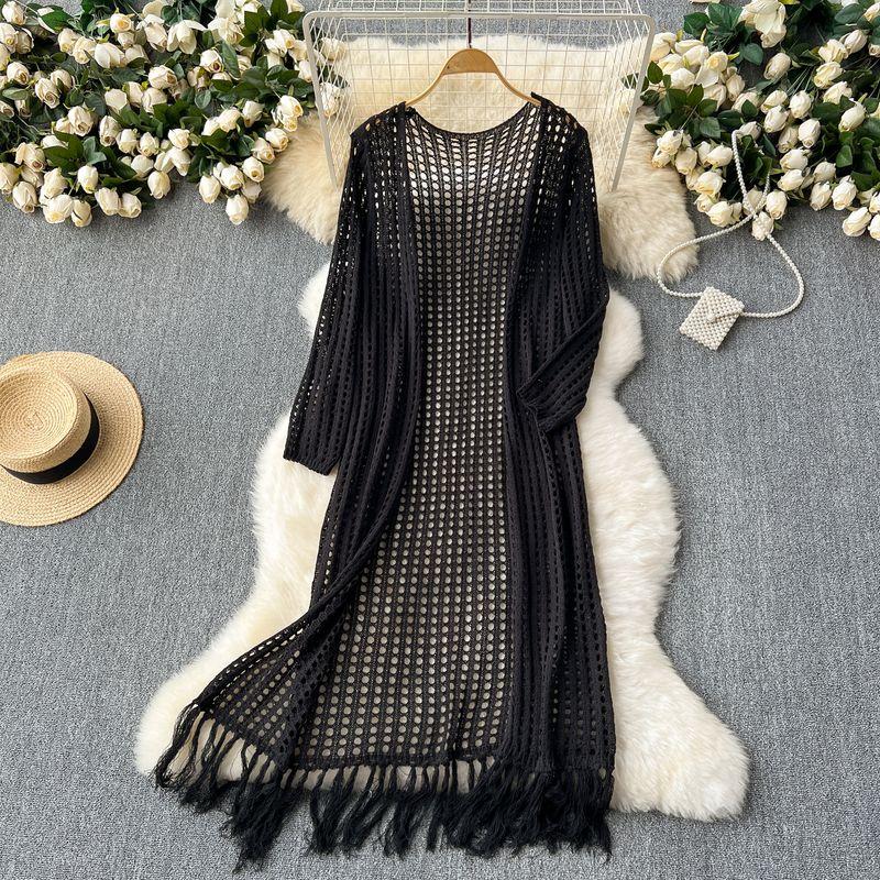 Fancy Idle Style Mid Length Long Length Cardigan Shawl Women's Seaside Holiday Travel Sun Protection Cut Out Knitting Tassel Outwear