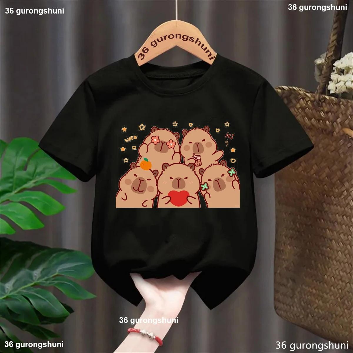 

Cute Capybara Staring At You Showing LoveT Shirt Capy Lover Cartoon Print Gift Girls Boys Short Sleeve Casual Kids Clothes Top 150