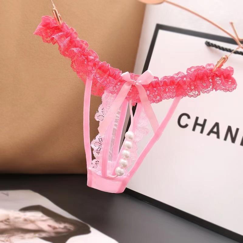 Plus Size Lingerie Women Lace Briefs Pearl Beading Panties For Sex Open Crotch Thongs G Strings Transparent Underwear