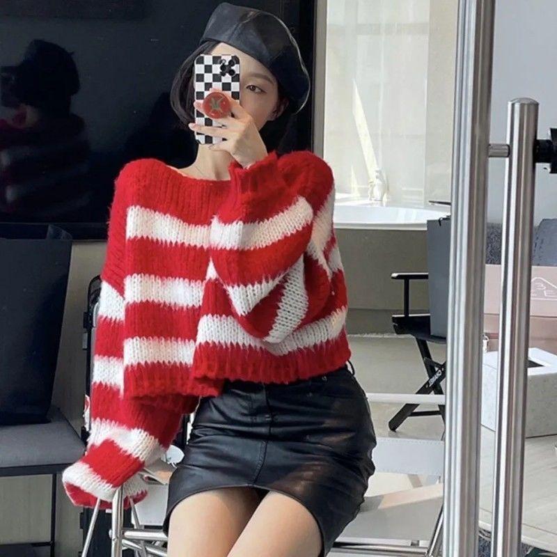 KOSY Striped Cropped Sweater Korean Style  Women Vintage Oversize Knit Jumper Female Autumn Long Sleeve O-neck Pullovers Tops