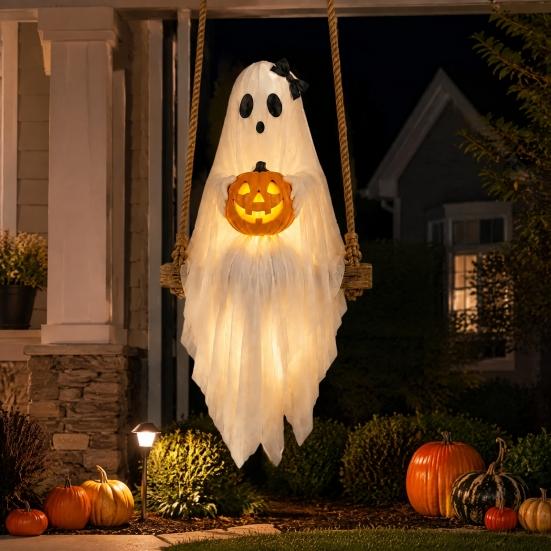 Halloween Gathering Decorations Lighted Ghost Swing with Glowing Pumpkin, Hanging Spooky Decor Indoor Outdoor Holiday for Porch Yard, LED Floating