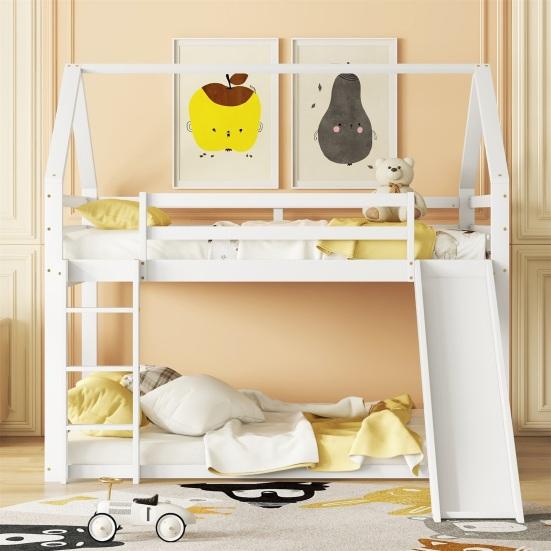 Stable Base Bunk Bed with Ladder Slide Falling Protection House Bed Strong Load Bearing Double Bed Solid Structure Wood Frame Family Loft Bed Bedroom