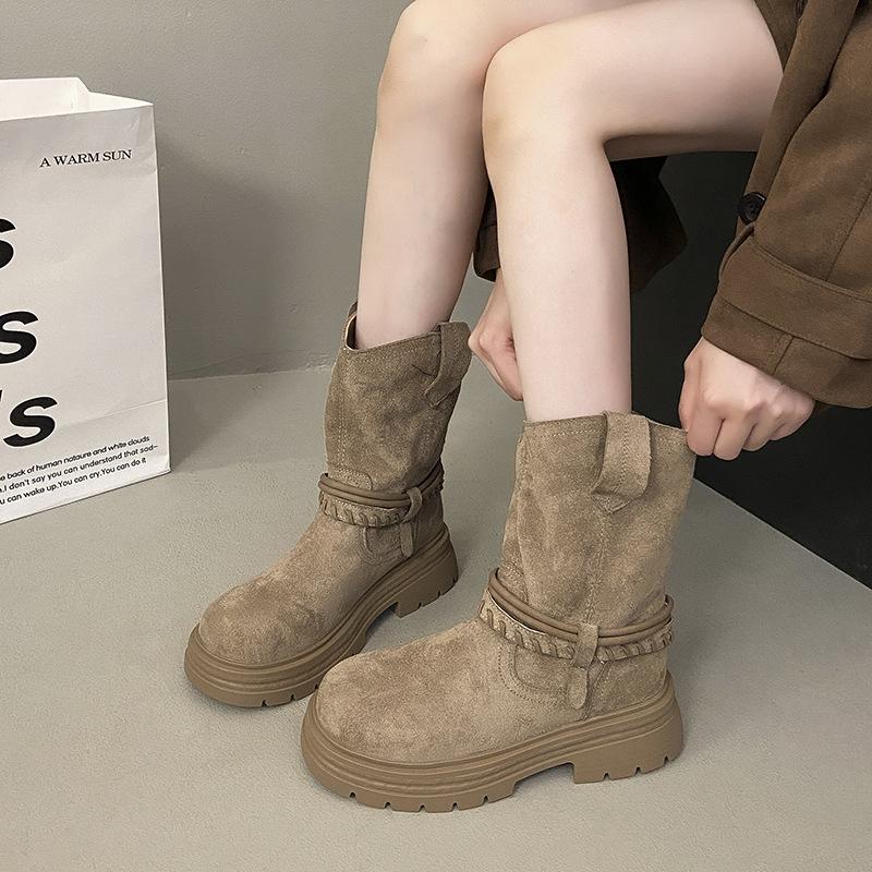 French thick heel round head suede pleated piled boots 2025 new autumn temperament fashionable and thin versatile short boots women