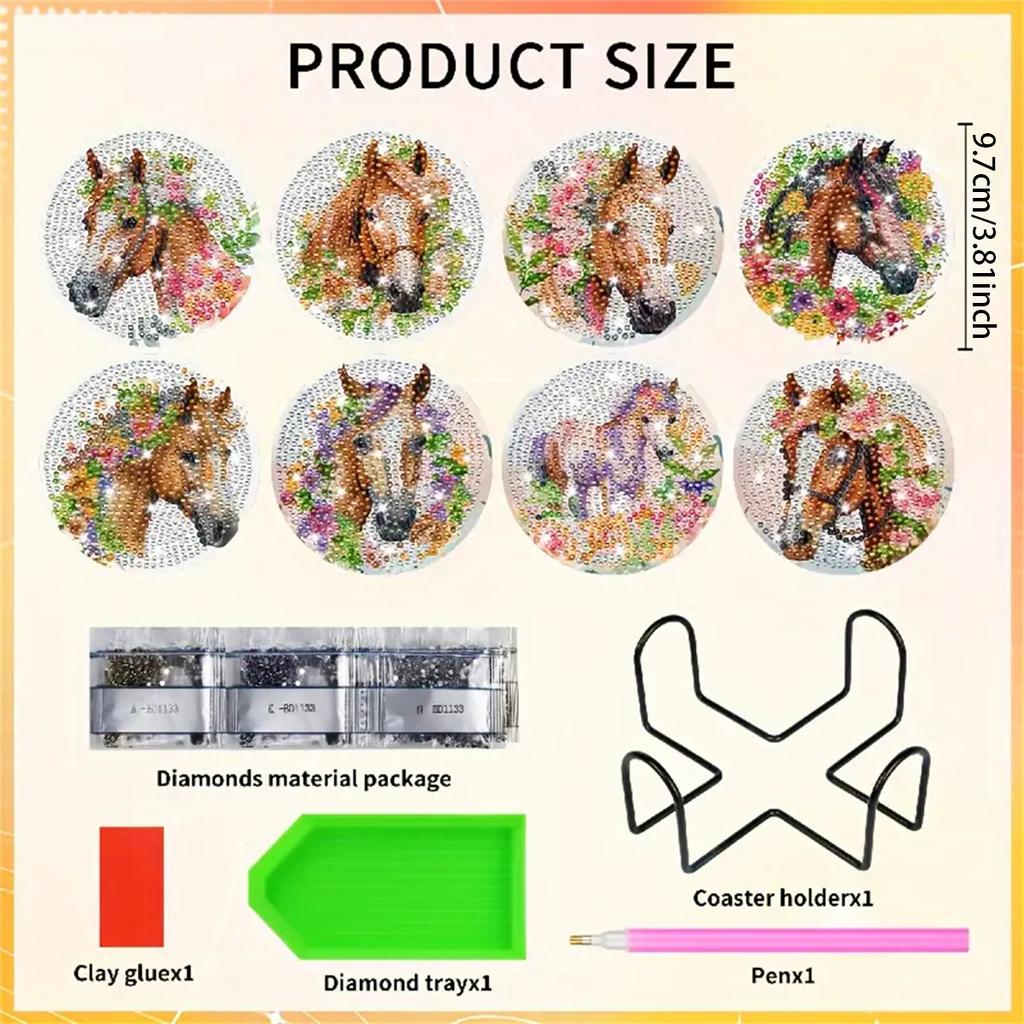 8 Pieces/set of Diamond Painted Horse Patterned Coasters, DIY Coasters with Holder, Suitable for Beginners and Adults, Art and Craft Supplies Gifts
