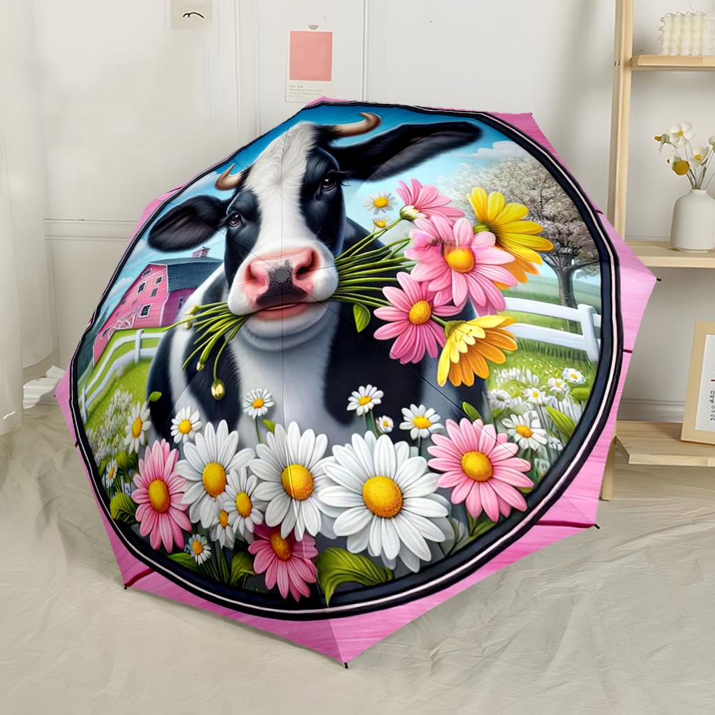 Floral Cow Portrait Portable Automatic Umbrella Retractable Design with 8 Rib Durability Foldable Design All Season Travel Compact Folding Umbrella