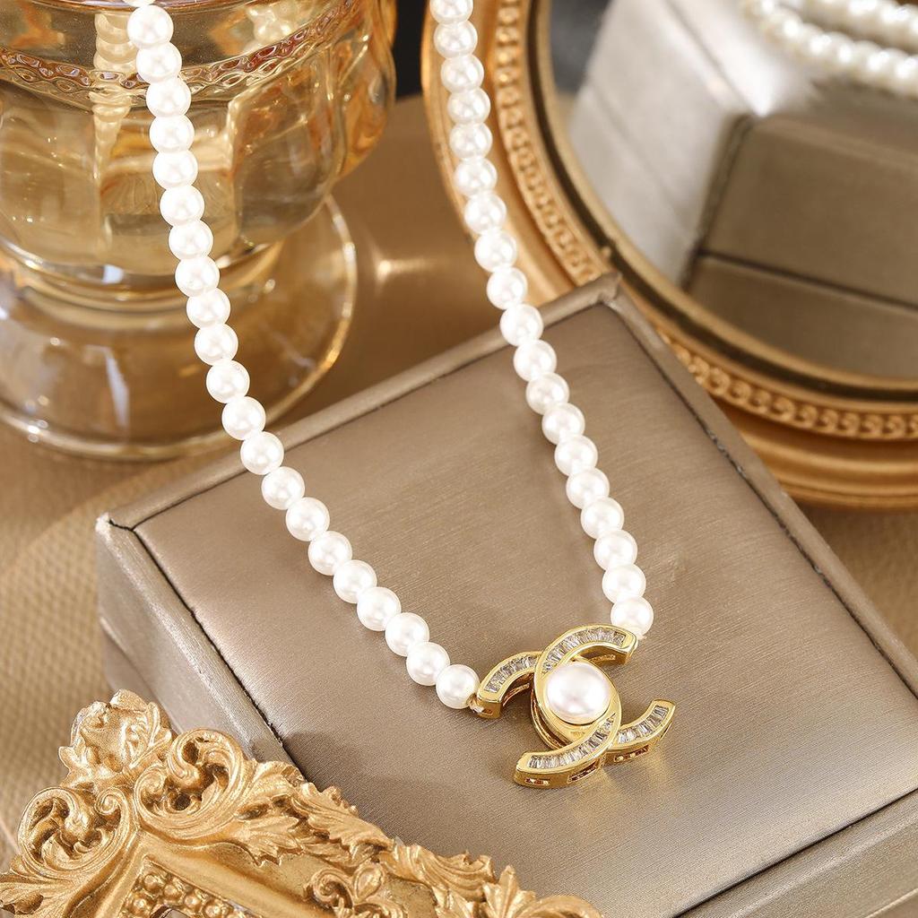 Elegant Double C Pearl Necklace with Zircon Pendant - Versatile Light Luxury Fashion Accessory