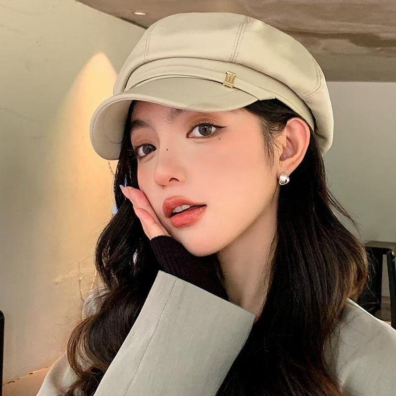 Autumn and winter new octagonal hat children pu leather beret versatile casual face small newsboy painter hat woman