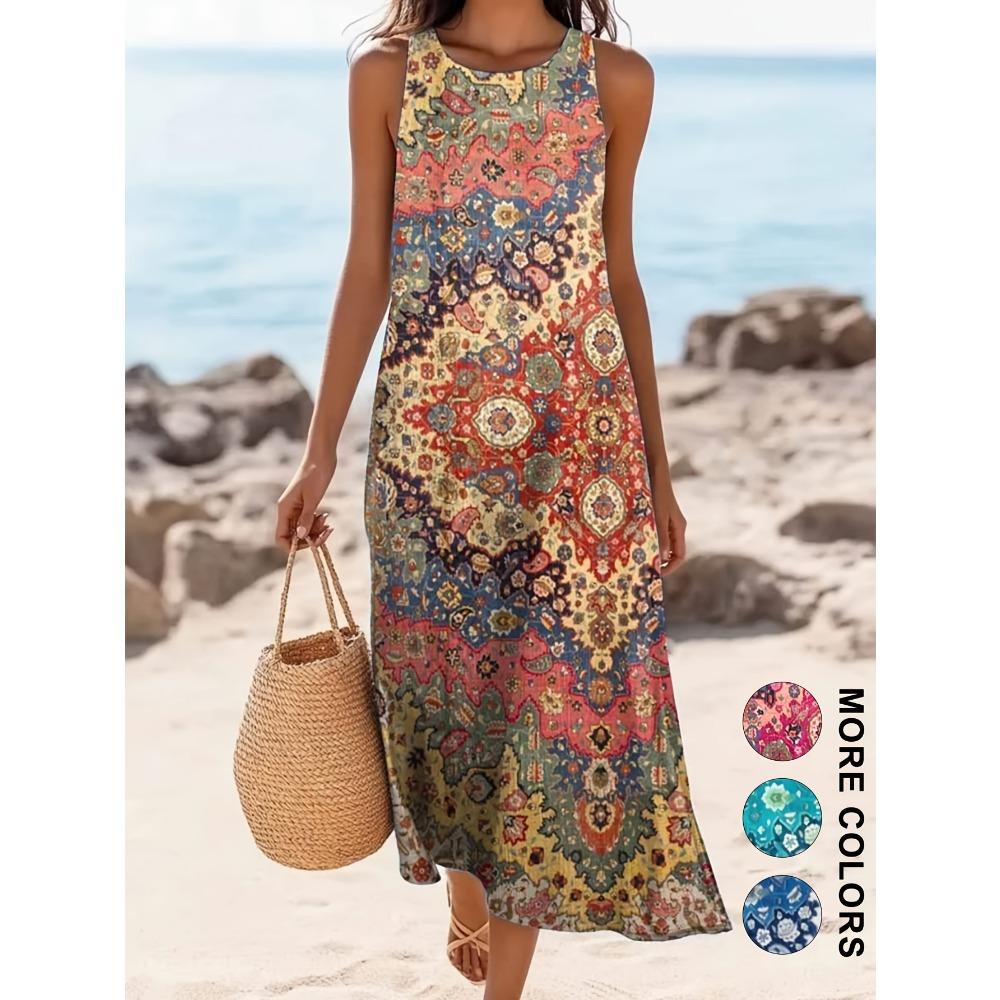 

2026 Women s sleeveless Bohemian floral casual beach MIDI sundress with flowing and loose Sweetheart Rustic Country S