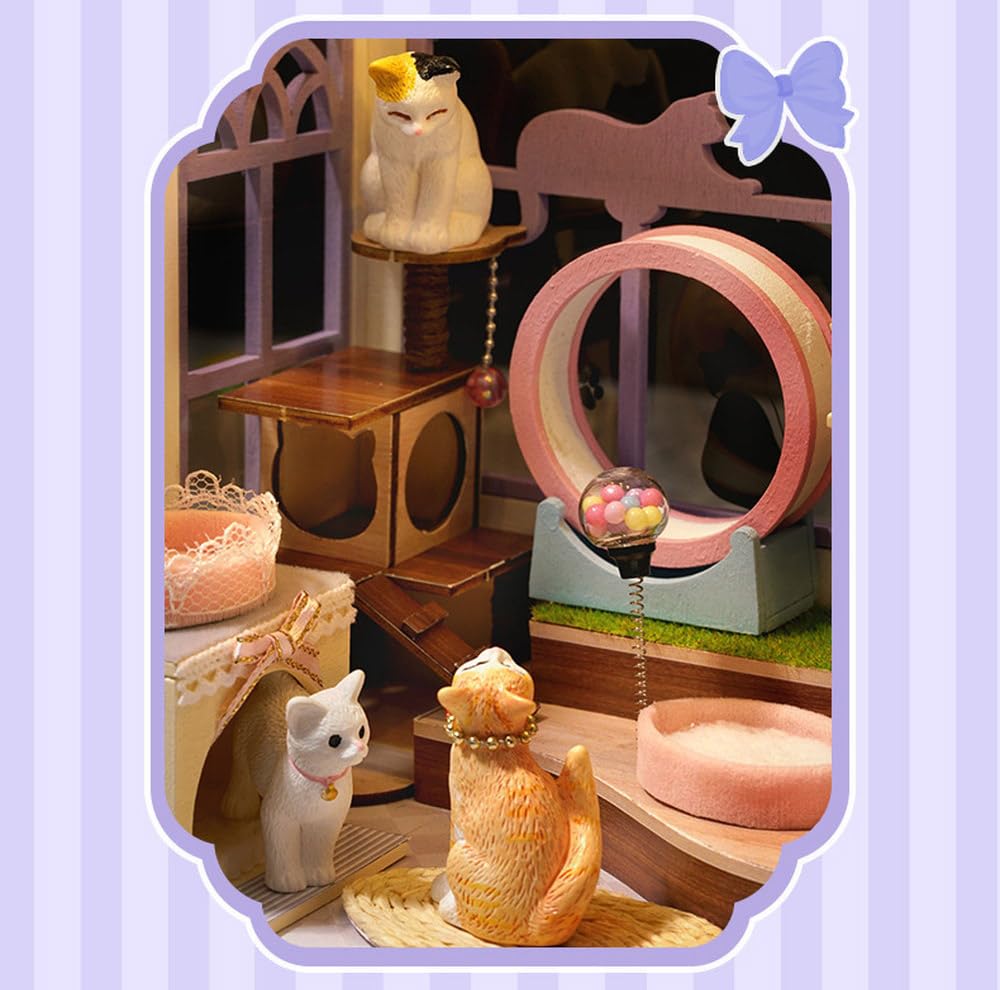 Moin moin Casă de Păpuși Miniatură Set Kit Făcut Manual Magazin de Animale de Companie Scară Cafenea Pisici Violet Lumină LED Cutie Muzicală Cutie Acrilică 2505dh462 1/24 [Instrucțiuni în Engleză]