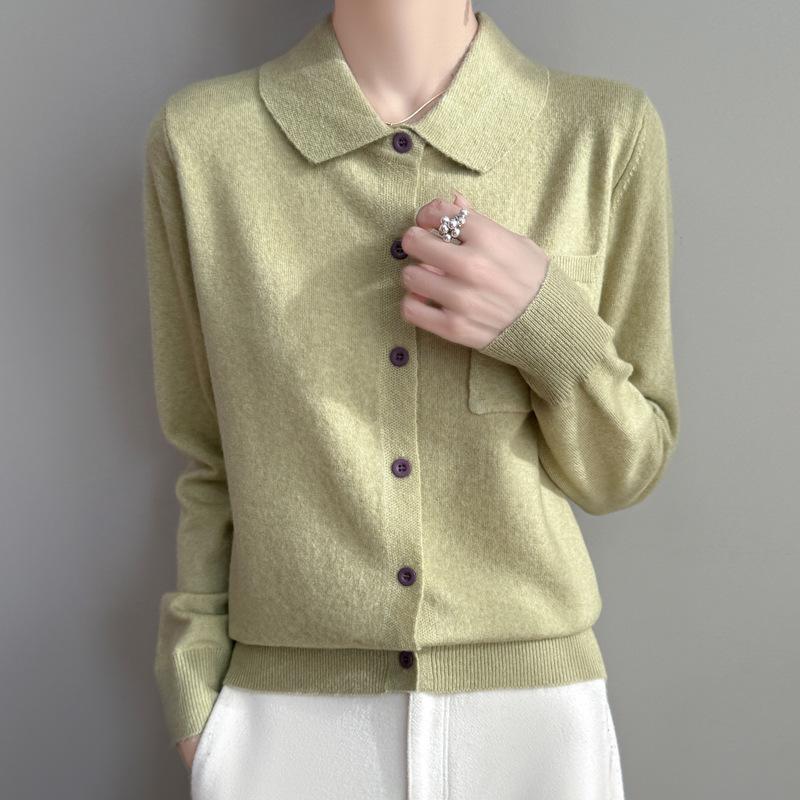 Lapel Knitted Cardigan Solid Color Loose with Pockets, Versatile Spring New Top Coat