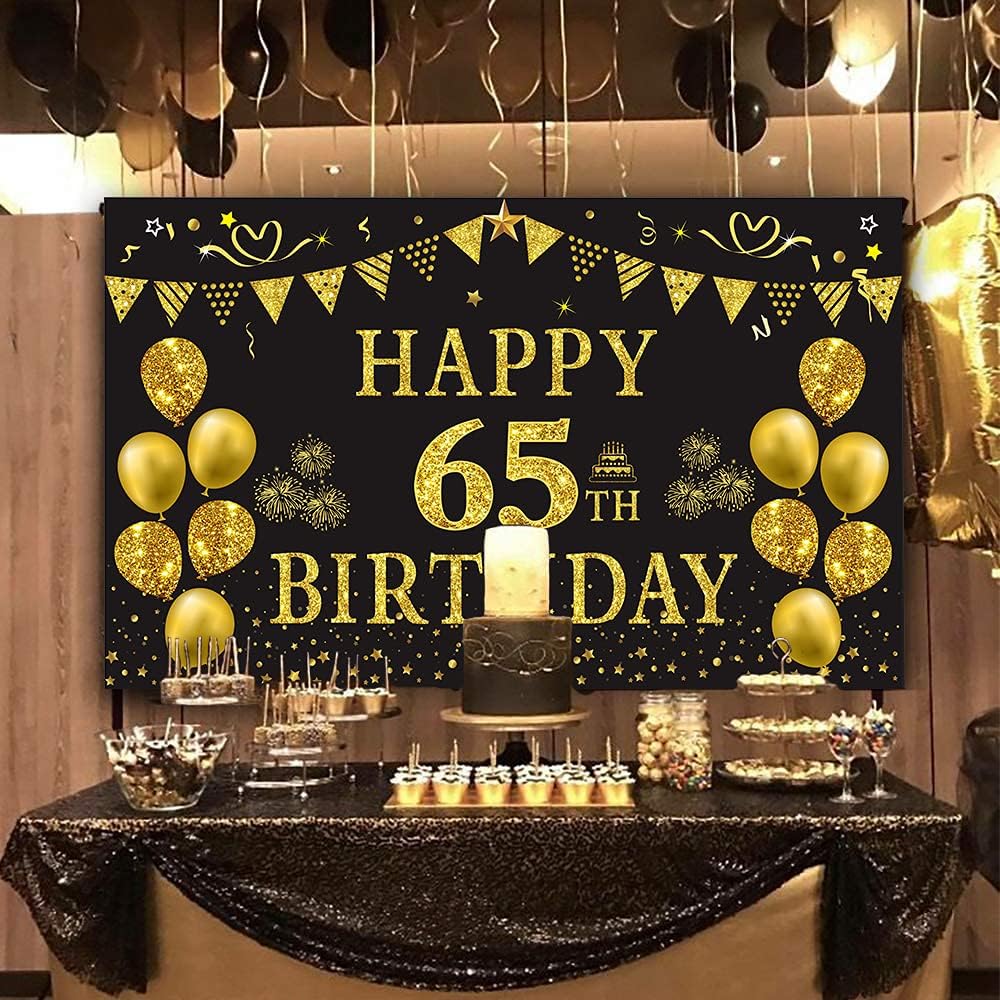 Trgowaul 65th Birthday Backdrop Gold and Black 5.9 X 3.6 Fts Happy Birthday Party Decorations Banner for Women Men Photography Supplies Background