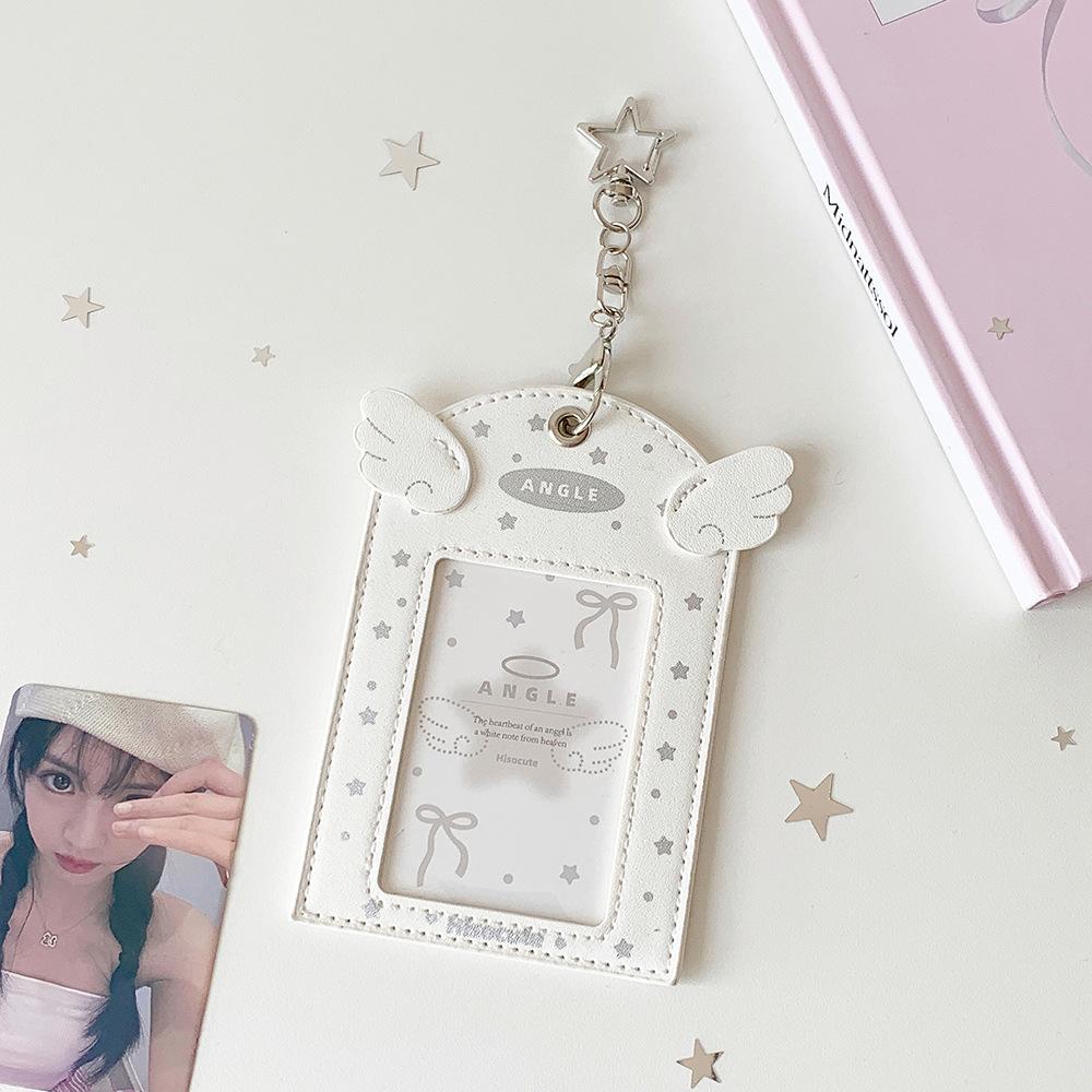 INS Sweet Aesthetic Kpop Photocard Holder for Girls Wings Keychain Schoolbag Charm Kawaii Displaying Photo Card Cover Case