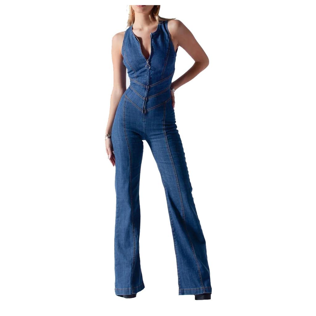 Women Casual Sleeveless Rompers Vintage Overalls Ladies Long Jumpsuits Heart Cutout Back Jumpsuit