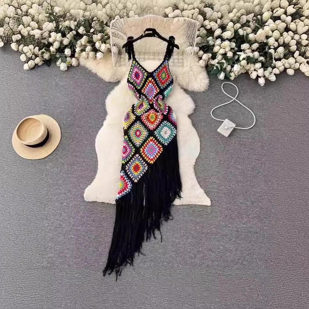 Böhmisches Ethno Häkelkleid mit Quasten und Spaghettiträgern für Damen