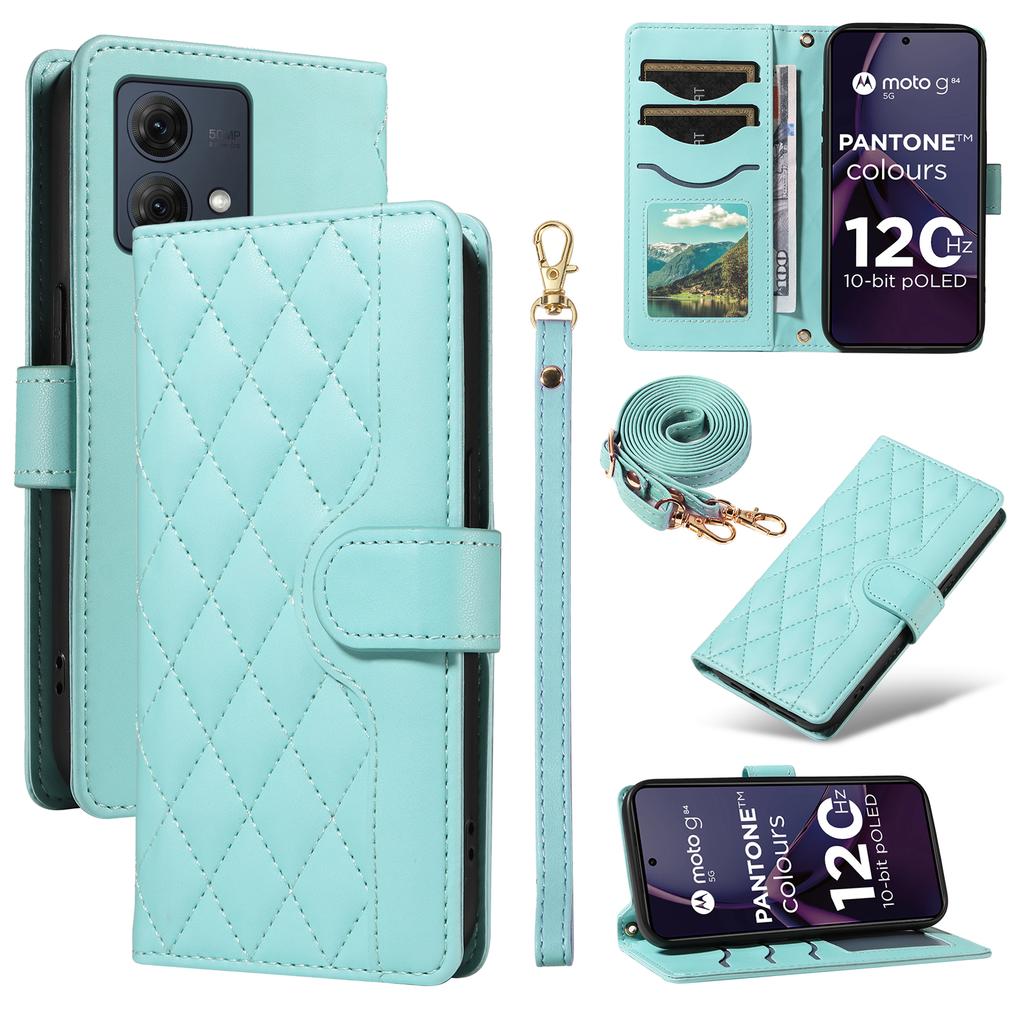 For Motorola Moto G84 5G Case Wallet Rhombus Leather Phone Cover with Shoulder Strap,Wrist Strap