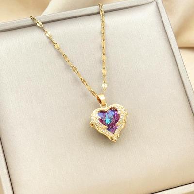 Collana con Ciondolo Cuore Oceano Colorato in Acciaio di Titanio per Donna - Gioiello Korean Light Luxury Catena Clavicolare