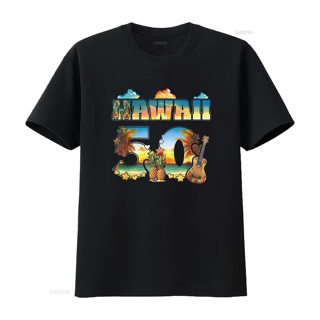 Hawaii 50. Bundesstaat Hawaiianischer Strand Hibiskus 50 Maui Damen Sommer T-Shirt Lässig und Bequem vintage gewaschen Atmungsaktiv