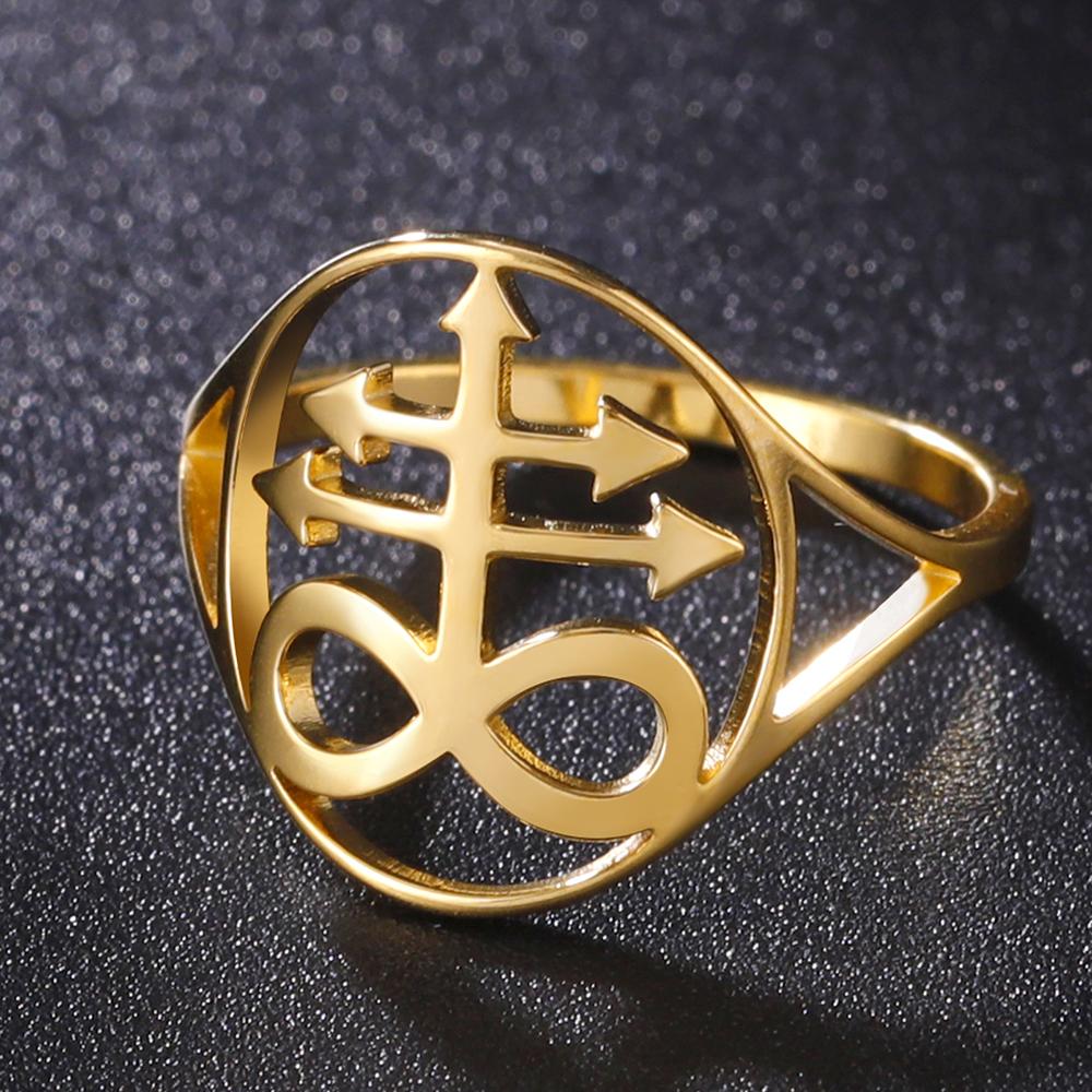 Dawapara Leviathan Cross Ring Stainless Steel Church Seal of Lucifer Alchemical Symbol Gothic Jewelry