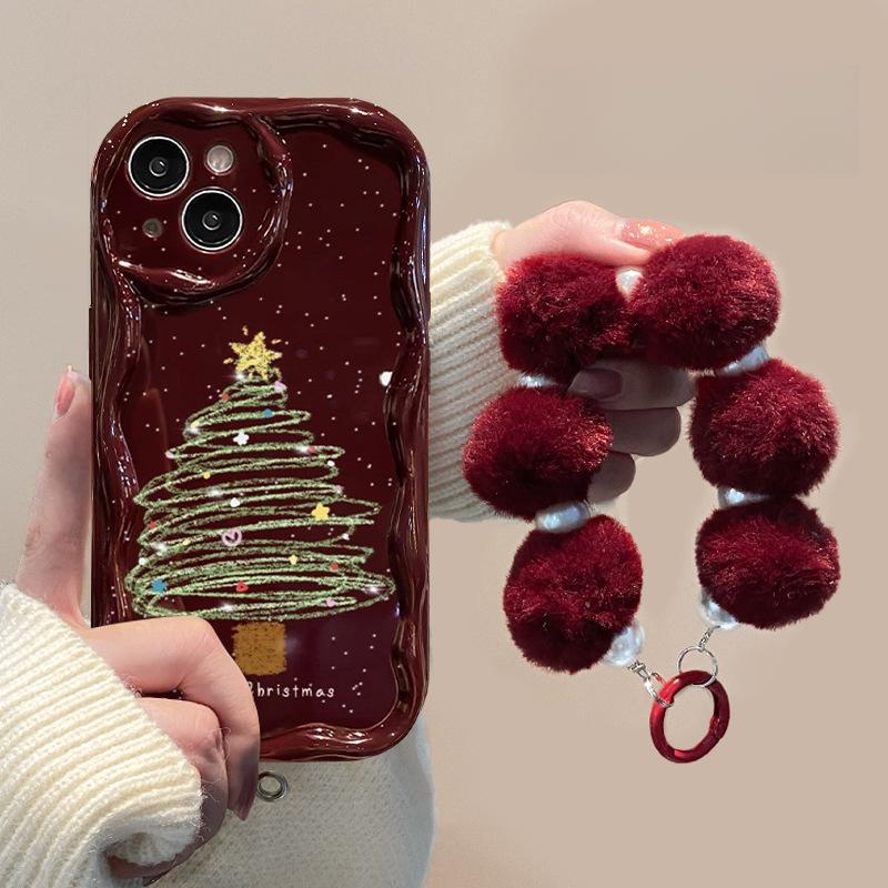 Applicable To Apple 15 Mobile Phone Case IPhone14promax/13 Christmas Tree Plush Bracelet 11/12 Silicone Anti-fall
