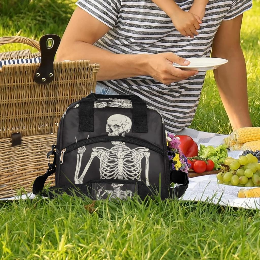 Funny Skull Lunch Bag Tote Bag Leakproof Cooler Bag Insulated Lunch Box with Front Pocket Water-resistant Thermal Lunch Bags with Shoulder Strap for