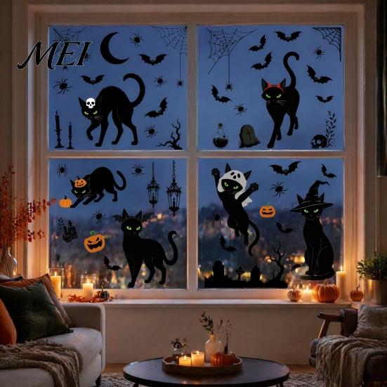 Dark Atmosphere Window Graphics 6 Sheets/Set Black Cat Stickers, Adhesive Free Static Clings, PVC Glass Stickers for Party Halloween Bat Pumpkin