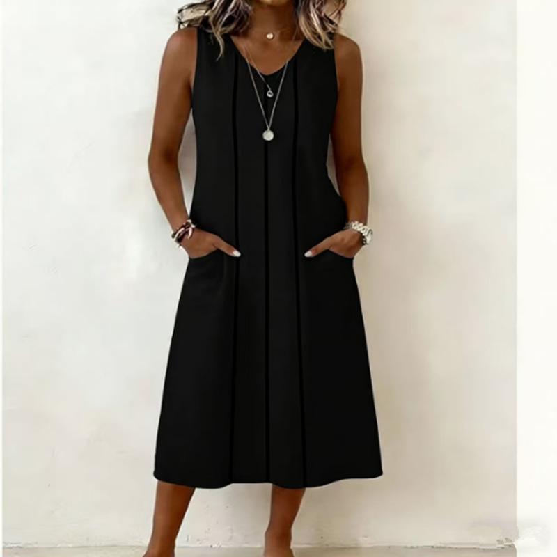 European and American women's clothing summer new V-neck sleeveless lace pocket cotton and linen dress