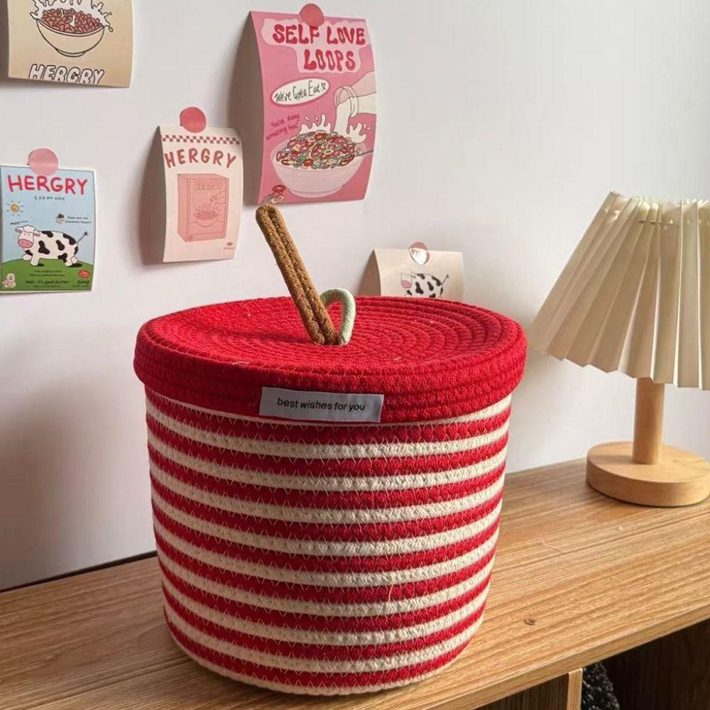Red White Storage Basket Cotton Tead Woven Handmade Woven Basket Cartoon Design Versatile Function Organizer Basket