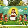2D Cute Christian Scene with Jesus and Children In Nature Themed Backdrop