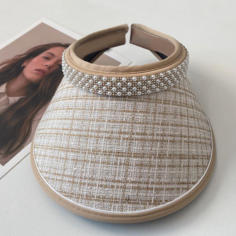 Sunscreen empty top hat women's summer versatile pearl headband hat UV protection vinyl eaves face covering sun hat