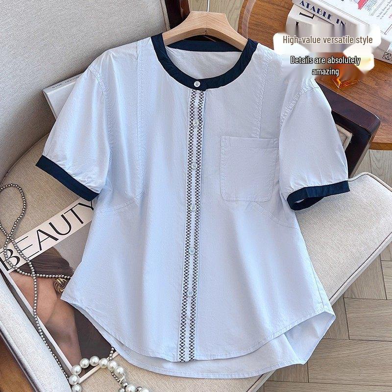 2026 Summer Korean High-End Color Block Loose Plus Size Cotton Short Sleeve Women's Shirt