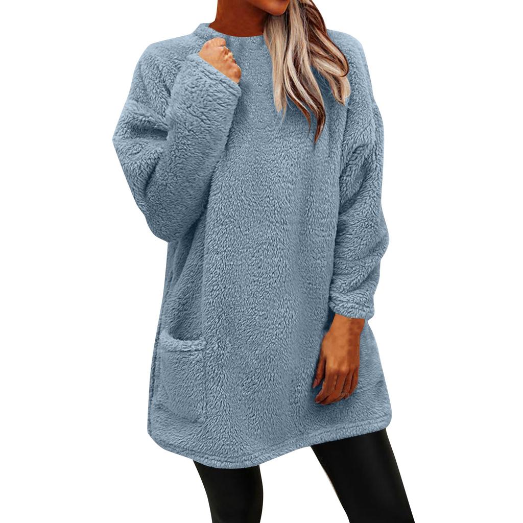 Women's Fashion Casual Long Sleeve Pocketed Round Neck Casual Warm Long Sleeve T-Shirt