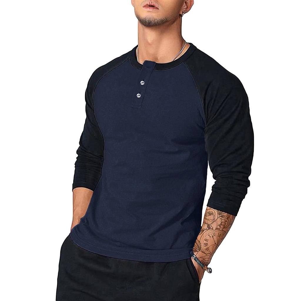Men's Casual Button-neck Two-tone Shoulder Long Sleeve Top