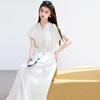 Summer 'Oxygen Girl' vertical striped dress with small V-neck strap, waist cinched, bubble sleeves, commuting date, slimming effect