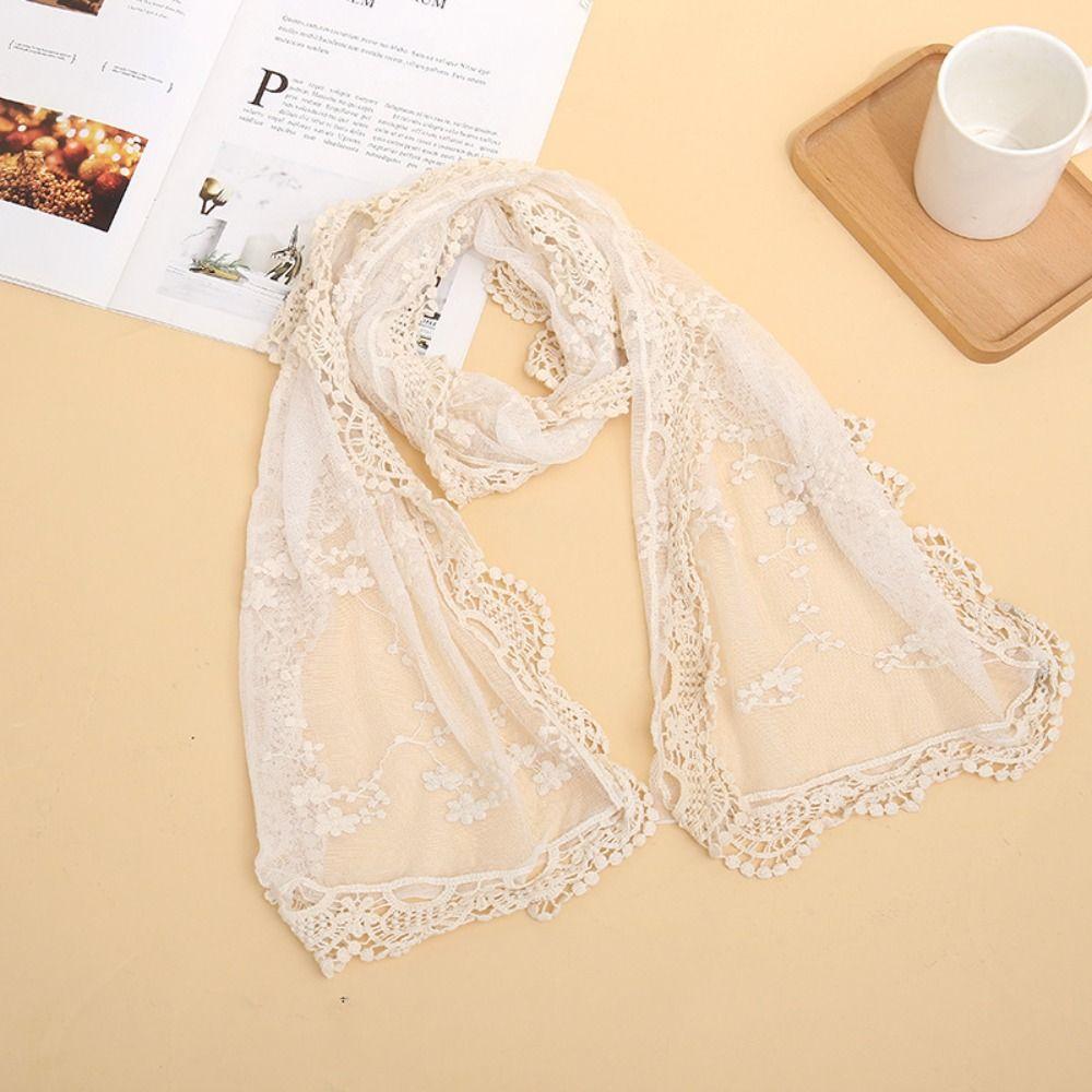 Retro White Black Lace Flower Scarf Lightweight Breathable Mesh Long Scarves Long Foulard Wrap Female Headscarf Women