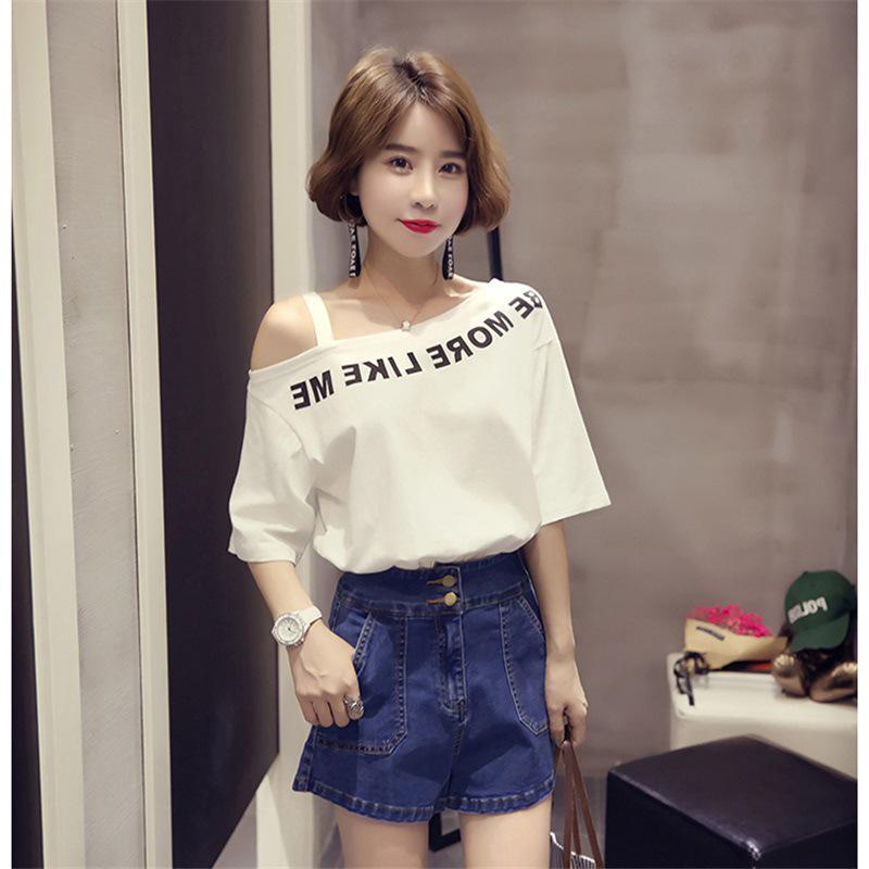

Short-sleeved T-shirt women s new top ulzzang versatile off-the-shoulder printed bottoming shirt M белый