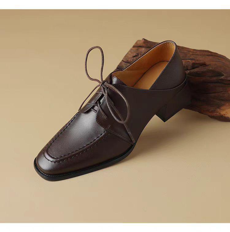 Retro Preppy Mid-Heel Square-Toe Leather Loafers with Deep-Mouth Lace-Up and Kitten Heel for Women