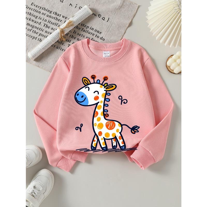Kids Crewneck Sweatshirt, Colorful Smiling Spotted Giraffe Graphic Print, Spring Autumn Casual Sport Tops