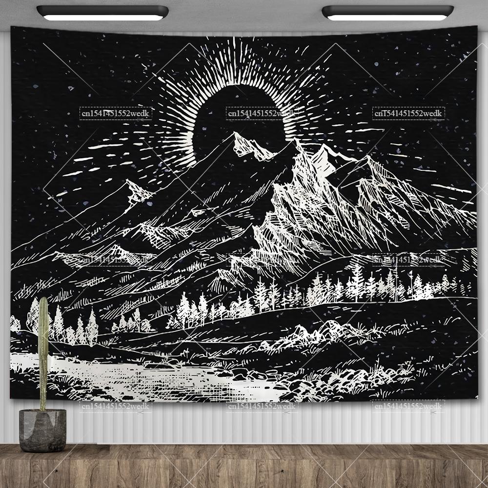 Boho Mountain Tapestry Landscape Tapestry Moon Starry Night Wall Hanging Tapestry Aesthetic Room Decor Backdrops Yoga Meditation