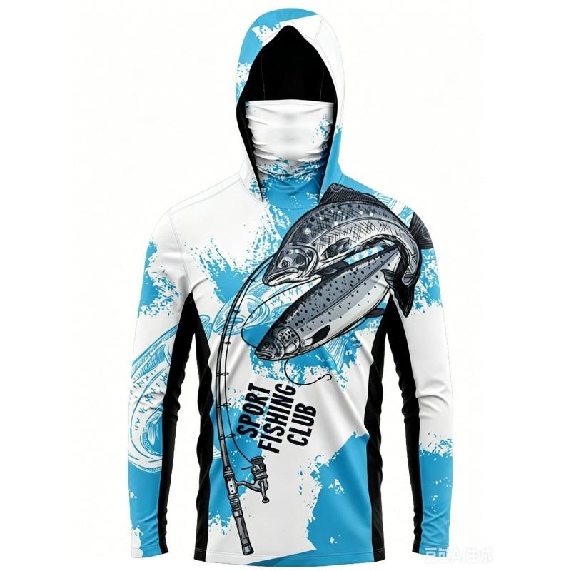 UPF50+ Camo Men Long Sleeve Fishing Hoodie With Face Mask Lightweight Breathable Quick Dry Outdoor Fishing Jersey