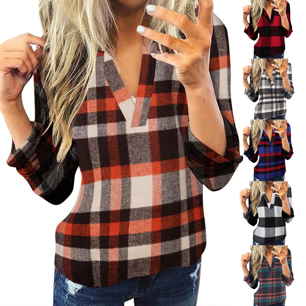 Women Casual Cotton Long Sleeve Plaid Shirt Women's Slim Jacket Shirt Top