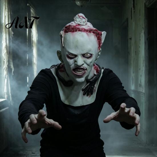 Unique Weird Shape Mask Halloween Upside Down Demon Latex Full Face Mask, Scary Alien Cosplay Flexible Head Fitting Headgear, Creepy Costume Prop for