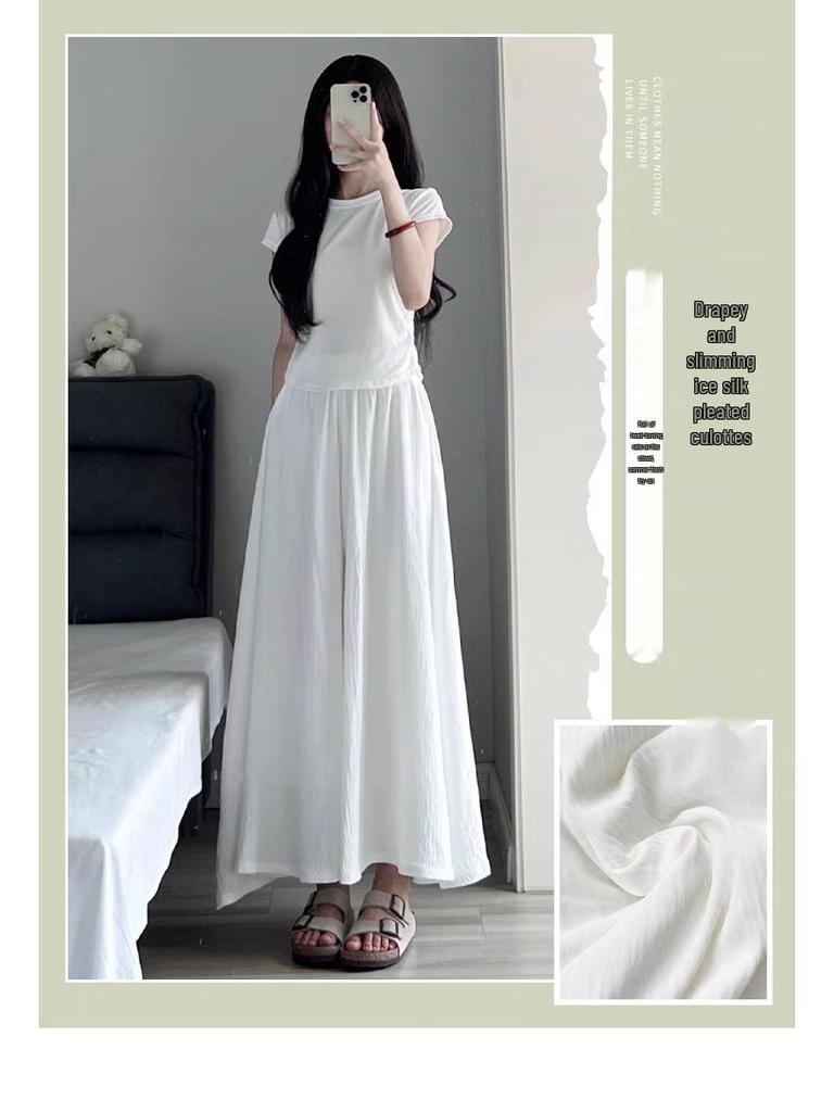 Ice Silk Off-White Pleated Culottes: Women's High-Waisted A-Line Midi Skirt